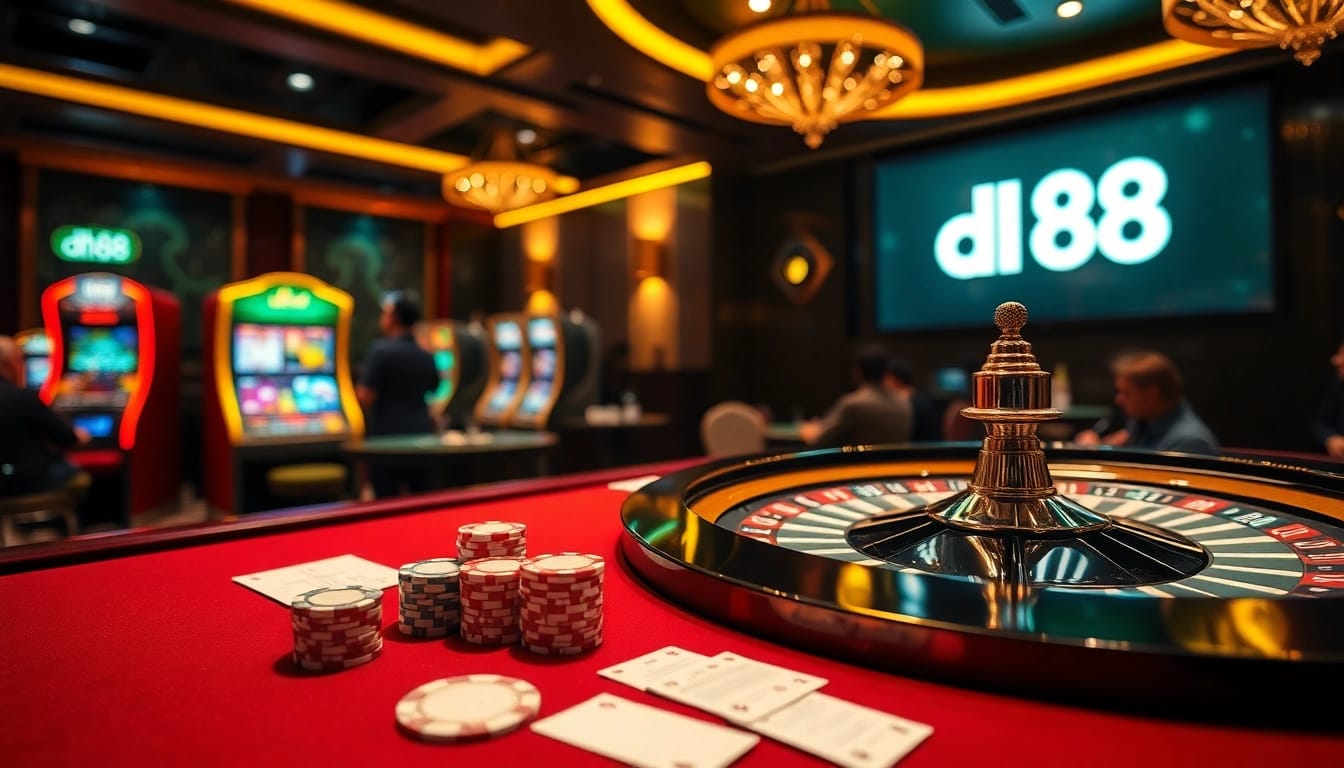 Experience thrilling action at dh88's premium casino with vibrant tables, chips, and excitement.