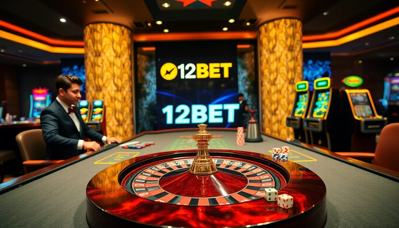 Experience thrilling gameplay with 12BET's vibrant casino atmosphere featuring cards and chips.