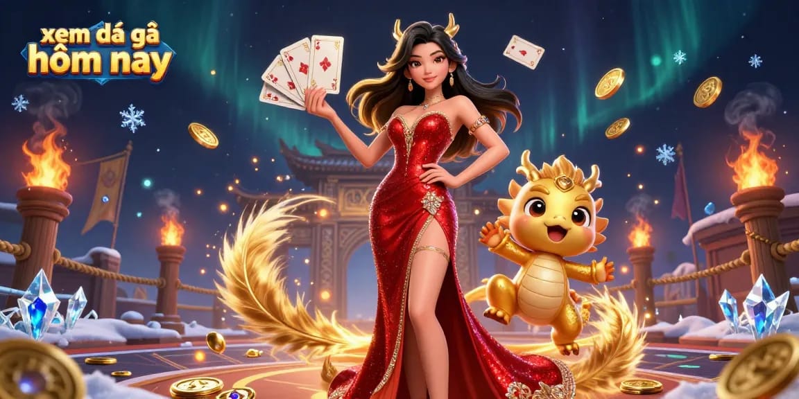 Experience xem đá gà hôm nay alongside an elegant woman and golden dragon in a dynamic casino scene.