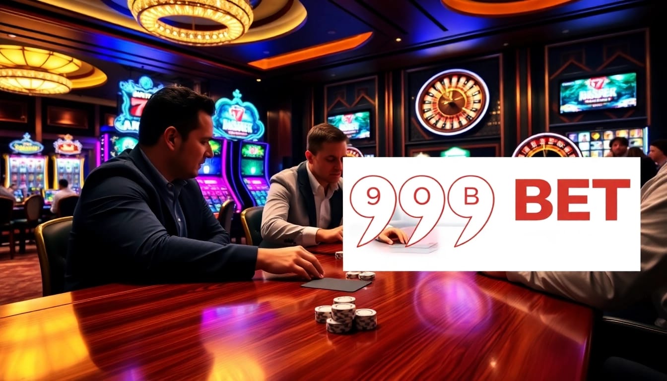 Exciting poker game at 999BET casino with vibrant slot machines and roulette wheel.