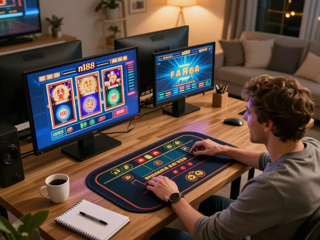 Player engaging with n188 online casino app, enhancing their gaming strategy in a cozy home setting.