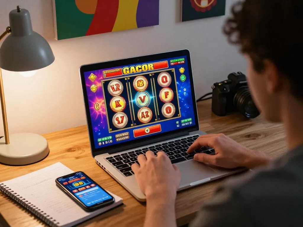 Playing slot gacor on a laptop in a cozy home setting with vibrant graphics and strategic notes.