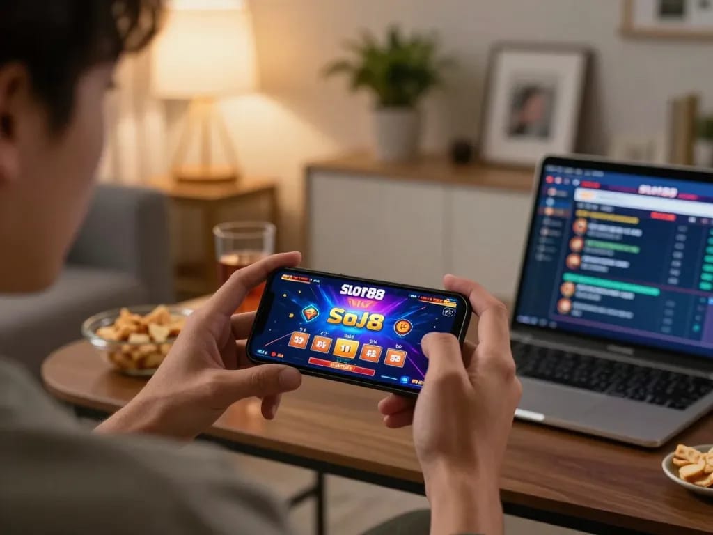 Experience thrilling Slot88 gaming on mobile with engaging visuals amid a cozy home setup