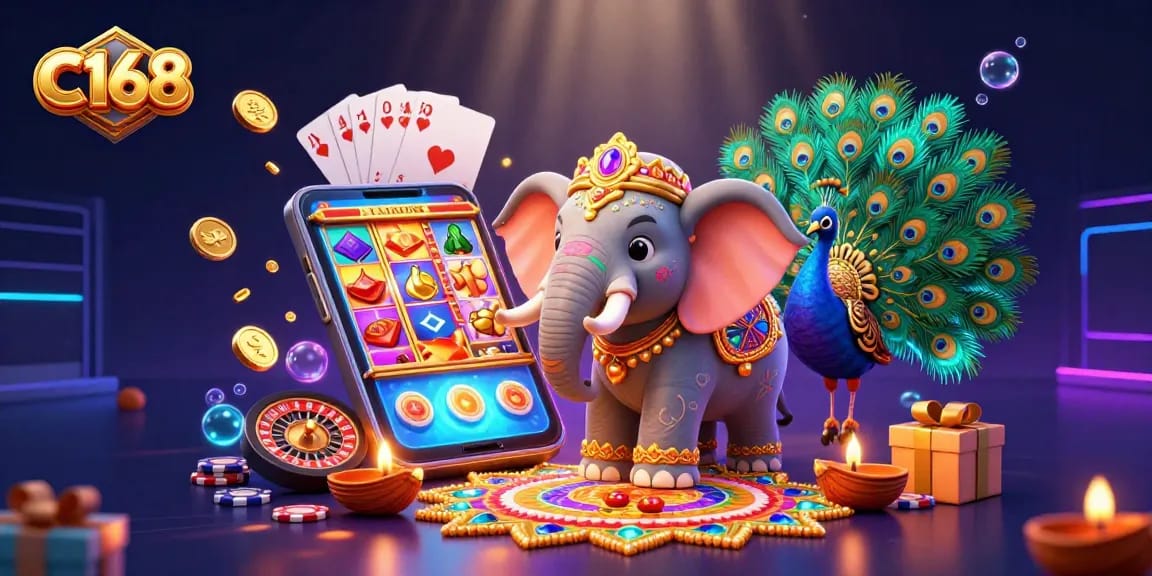 C168 offers exciting gameplay with a vibrant 3D scene showcasing slots and colorful characters.