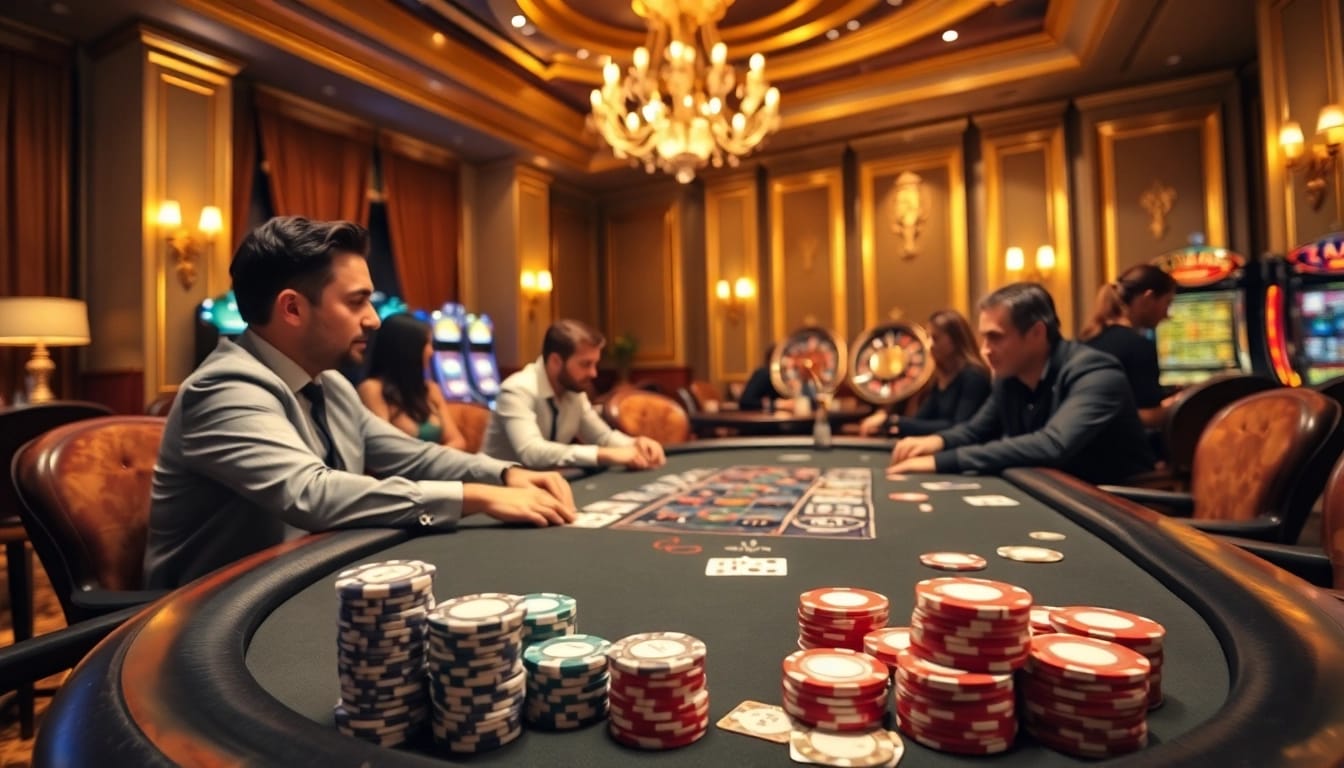 Engaged players at a high-stakes poker table showcasing BDTK66 excitement in a luxurious casino setting.