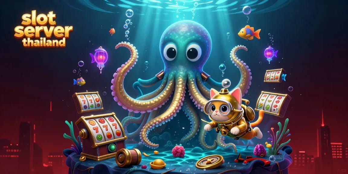 Experience slot server thailand with vibrant kraken, divers, and jackpot symbols in a dynamic scene.