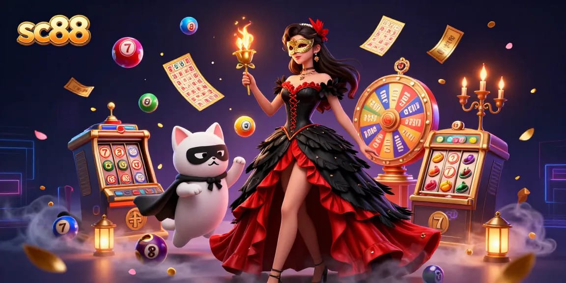 Experience sc88 excitement with a vibrant lottery scene, showcasing dynamic game elements and characters.