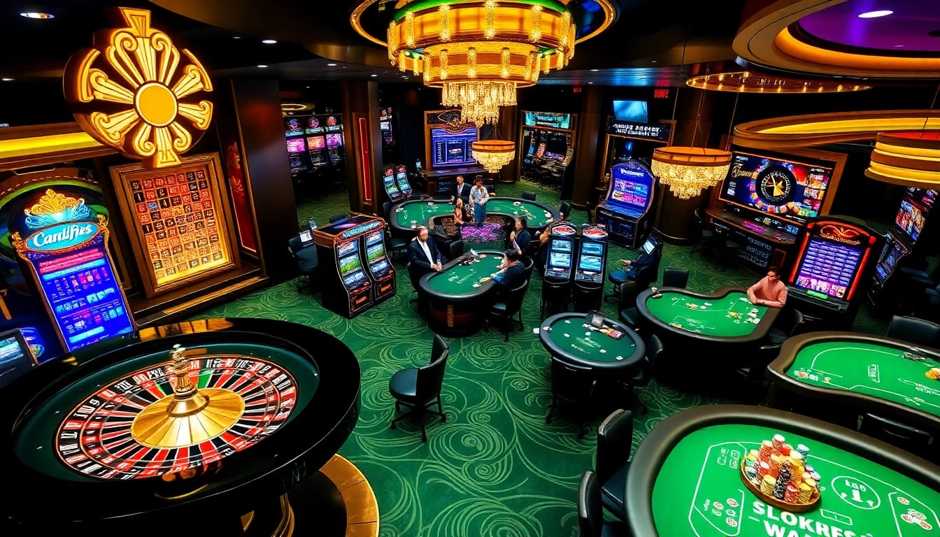 Situs11 casino scene with roulette wheel, slot machines, and poker tables showcasing excitement and luxury.