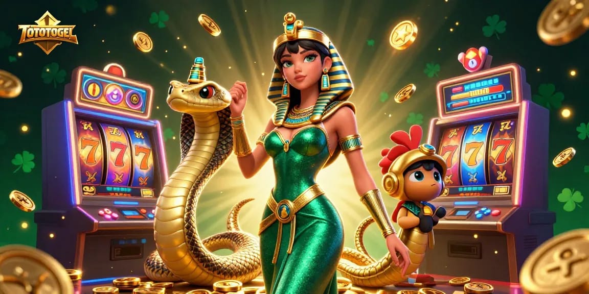 TOTOTOGEL slot machines with vibrant reels and a stunning woman in emerald gown, captivating casino scene.