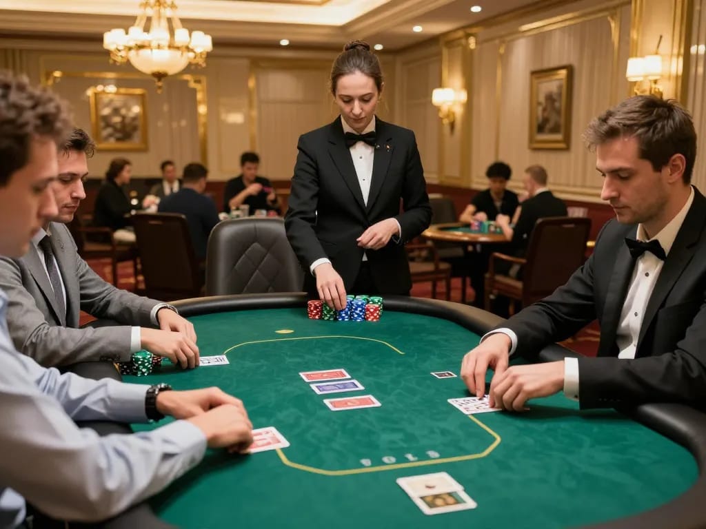 Situs toto dengan pemain terlibat dalam permainan poker taruhan tinggi di meja kasino yang elegan, menunjukkan permainan strategi