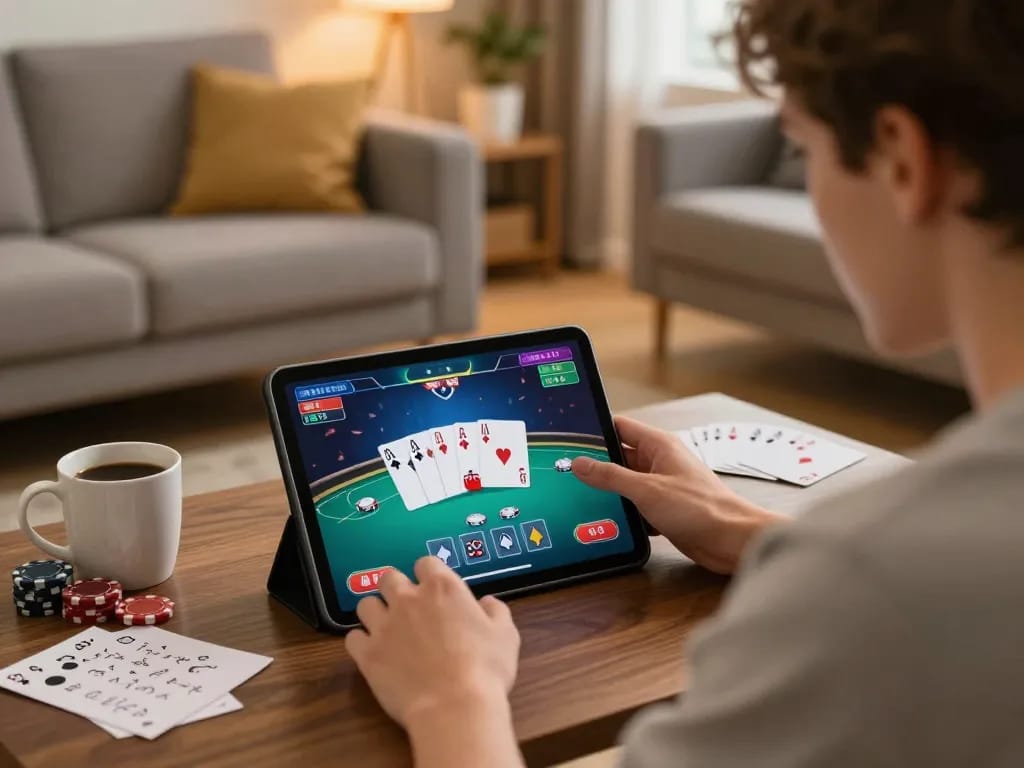 Player enjoying a poker game on RR88 platform from home, showcasing online gambling excitement.
