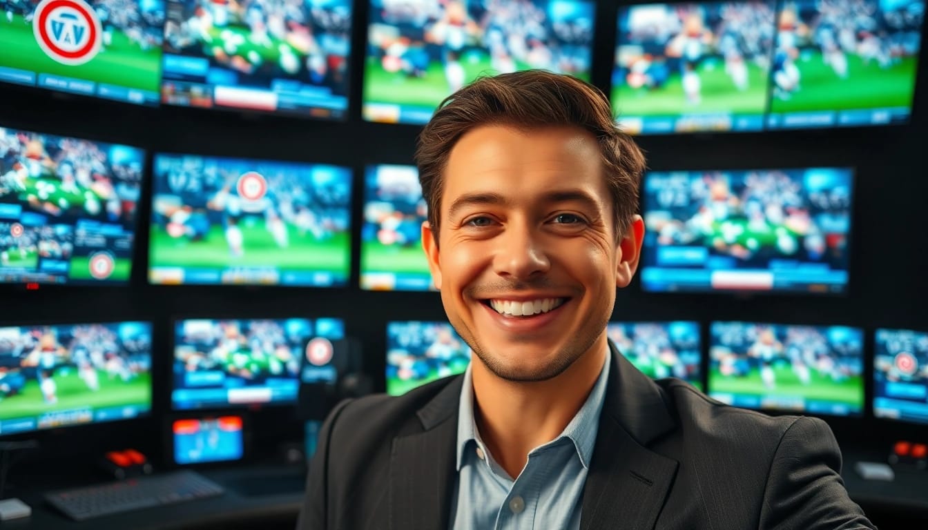 Engaging host presenting Sports Broadcasting in a vibrant studio setting.