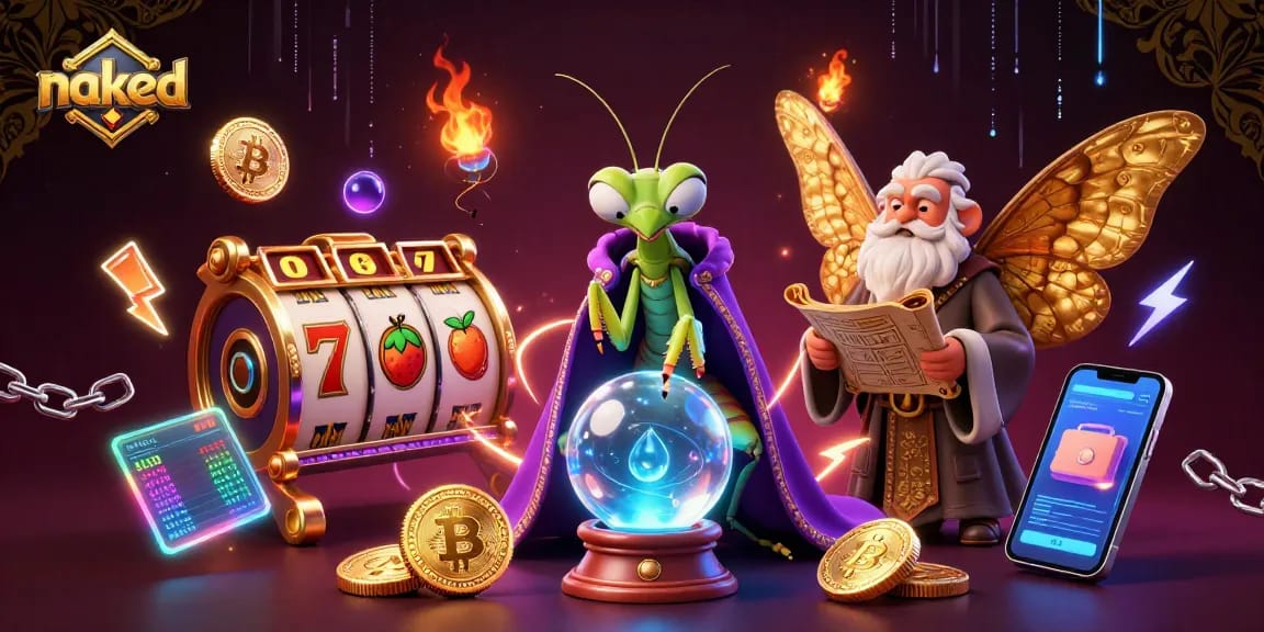 Play naked-themed slots and jackpot games with unique 3D characters in vibrant casino scene.