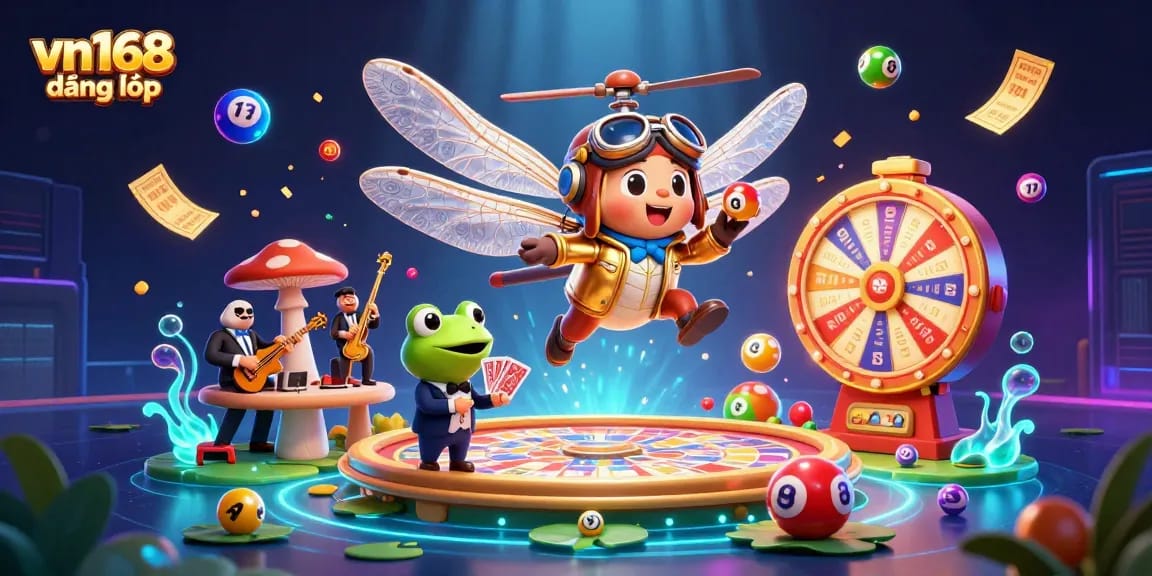 Experience thrilling gameplay with vn168 đăng nhập, as a dragonfly pilot hovers above a vibrant lily pad casino scene.