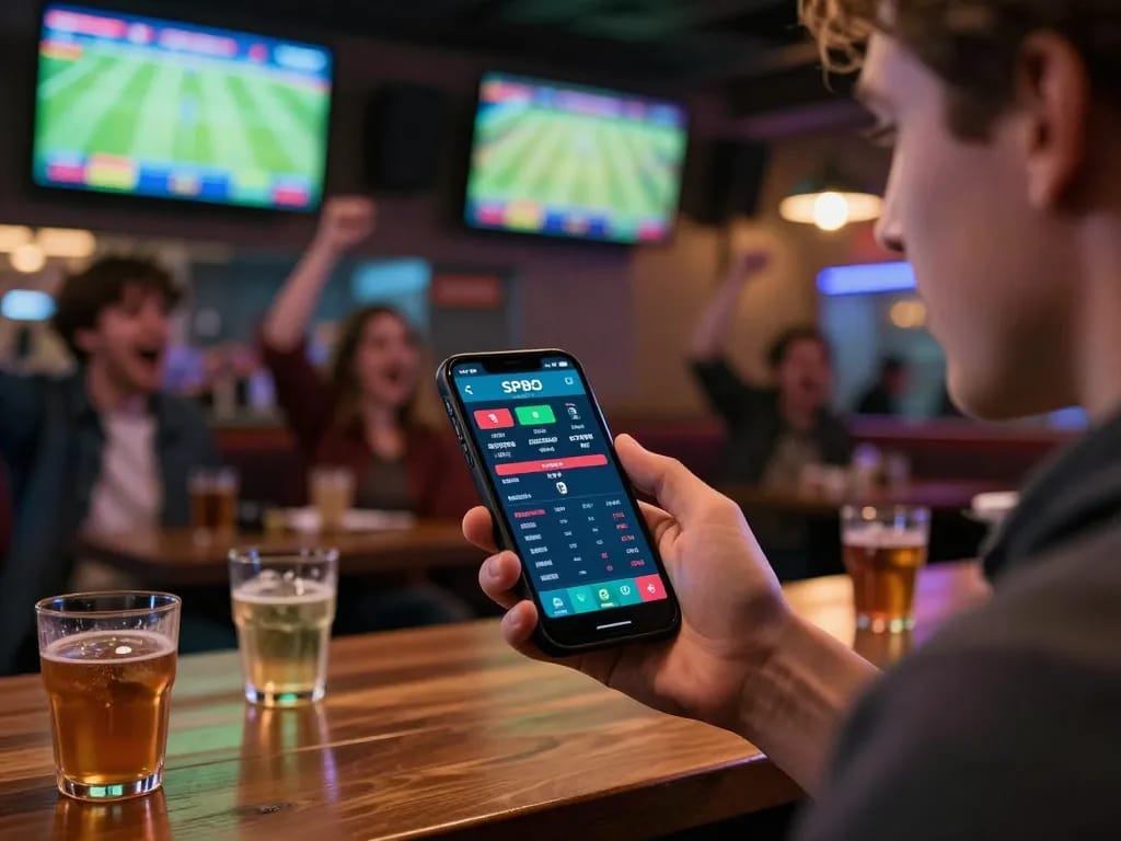 Penggemar judi memeriksa skor langsung SPBO di smartphone, dikelilingi oleh suasana bar olahraga yang energik.
