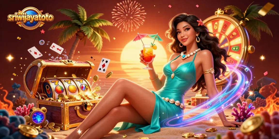 Sriwijayatoto's vibrant casino lifestyle illustration uniting gambling thrills and rich tropical vibes.