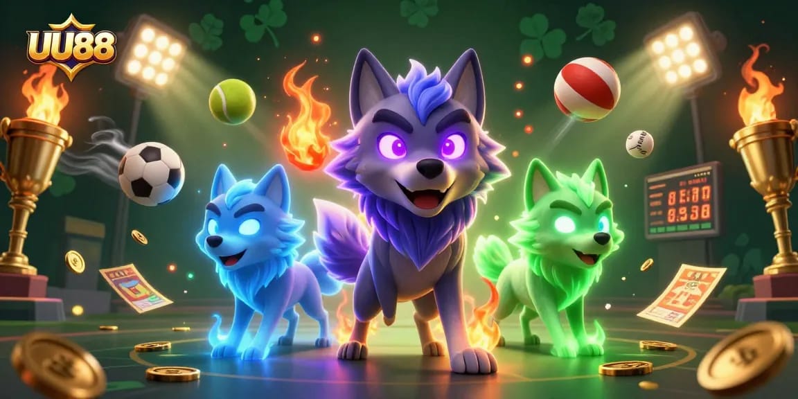Engage with UU88 in an exciting casino scene featuring dynamic sports elements and ghostly wolves.