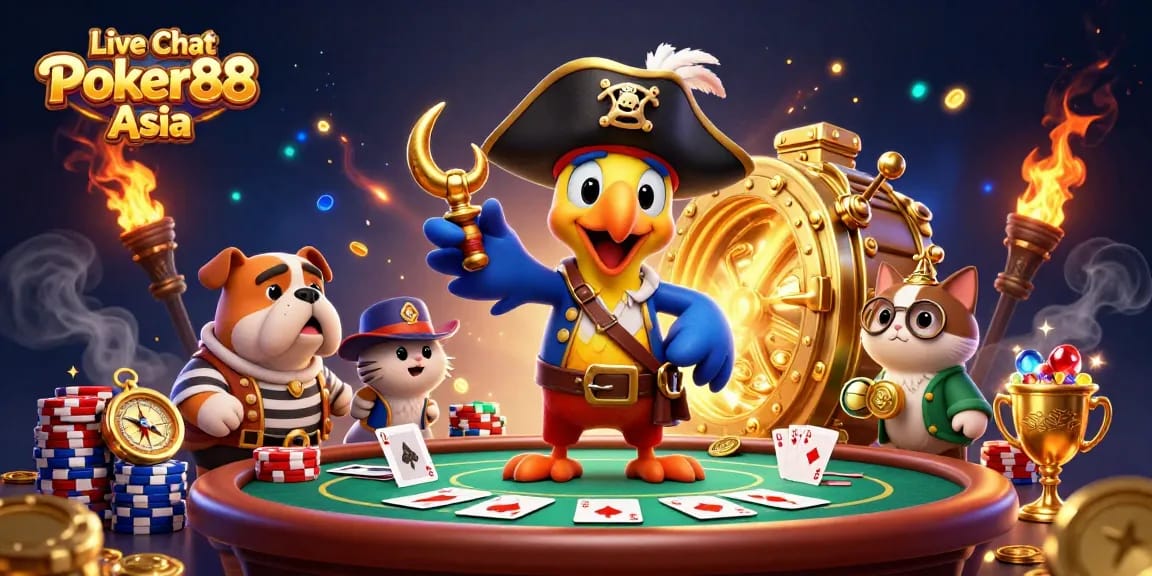 Engage in thrilling gameplay with Live Chat Poker88 Asia featuring vibrant poker action alongside captivating characters.