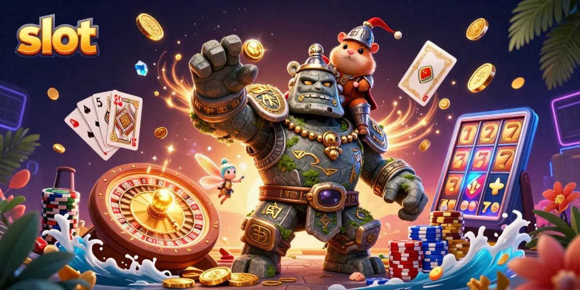 Slot gacor dengan golem, peri berkilau, dan ksatria hamster dalam grafis 3D menakjubkan.