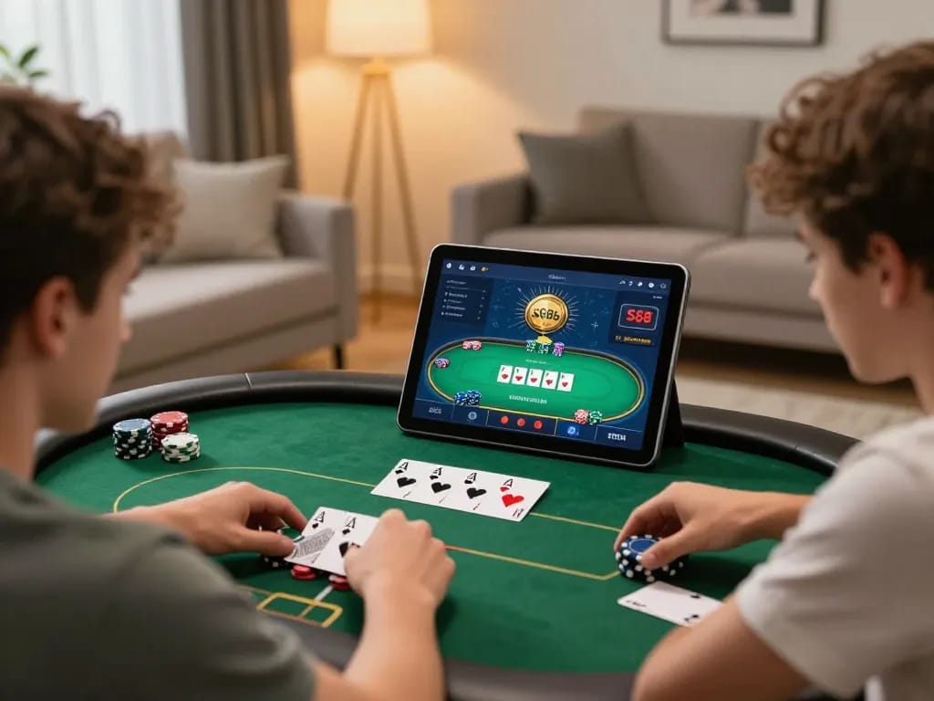 Engaging in online gaming with SC88 app on tablet in a cozy home setting.