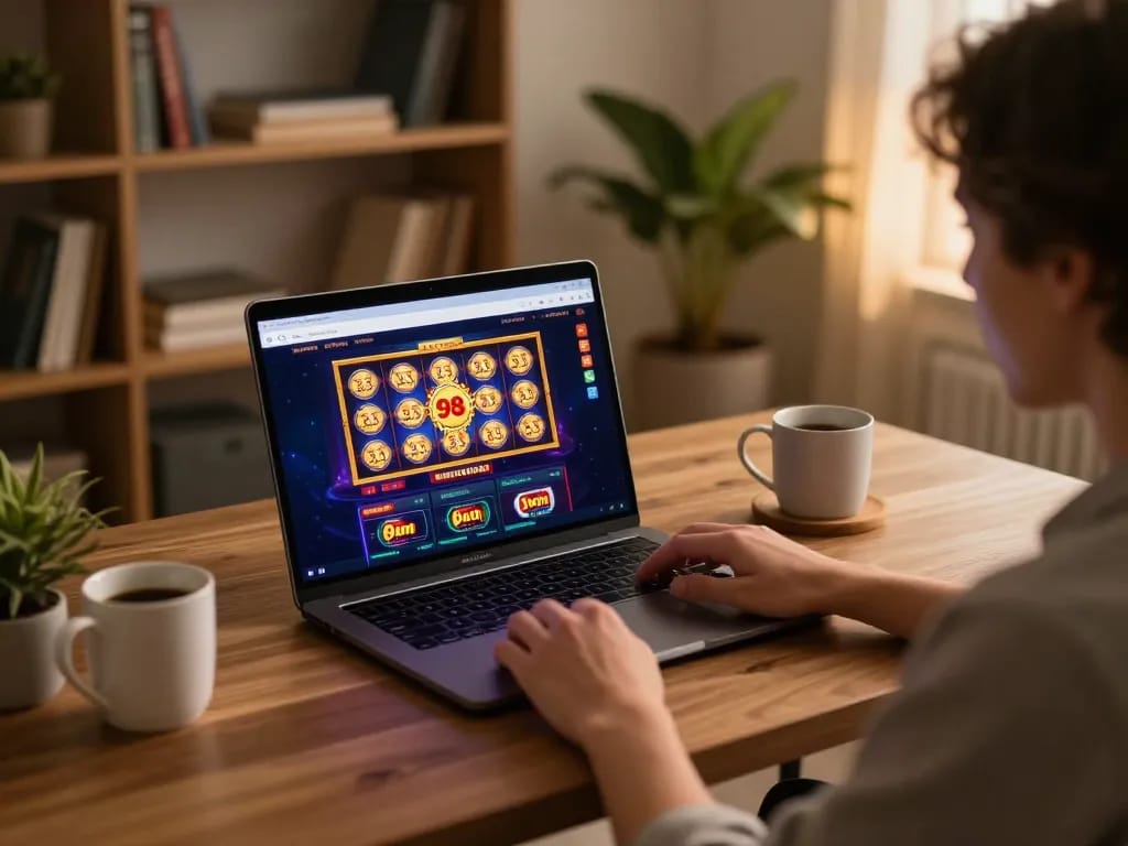Player enjoying the 98win online casino experience at home with engaging slot games.