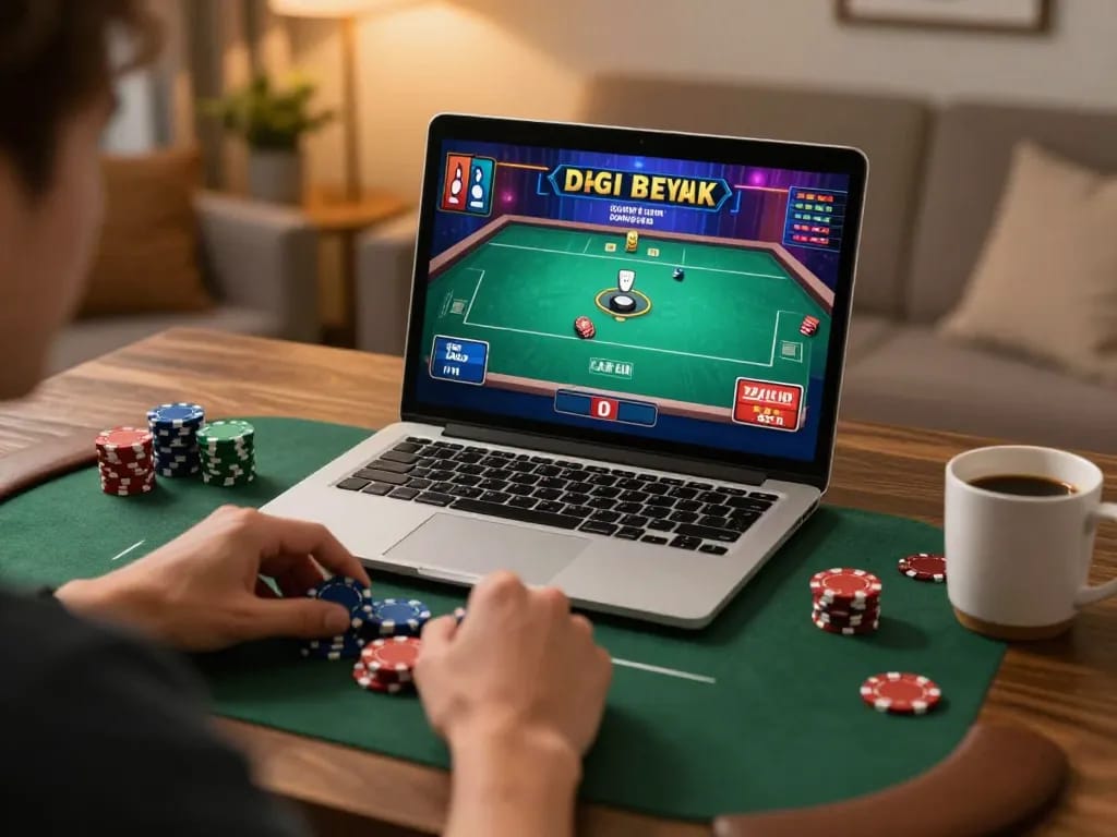 Engaged player enjoying w188 online poker game on a laptop, showcasing strategic gameplay.
