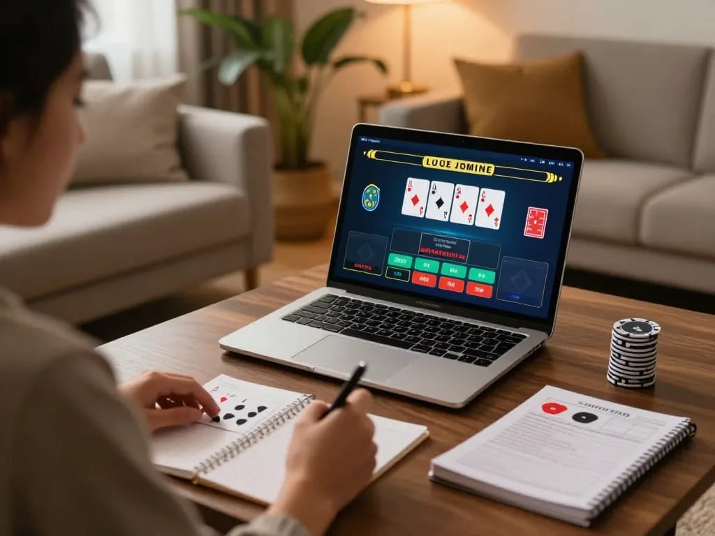 Engaging in a live dealer blackjack game on a laptop at home, enjoying a vipwin experience.