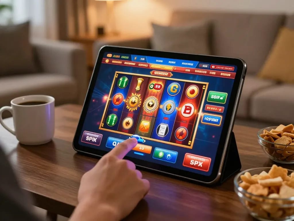 Seorang pemain terlibat dengan slot online aman788 di tablet dalam suasana yang nyaman, menekankan permainan yang bertanggung jawab