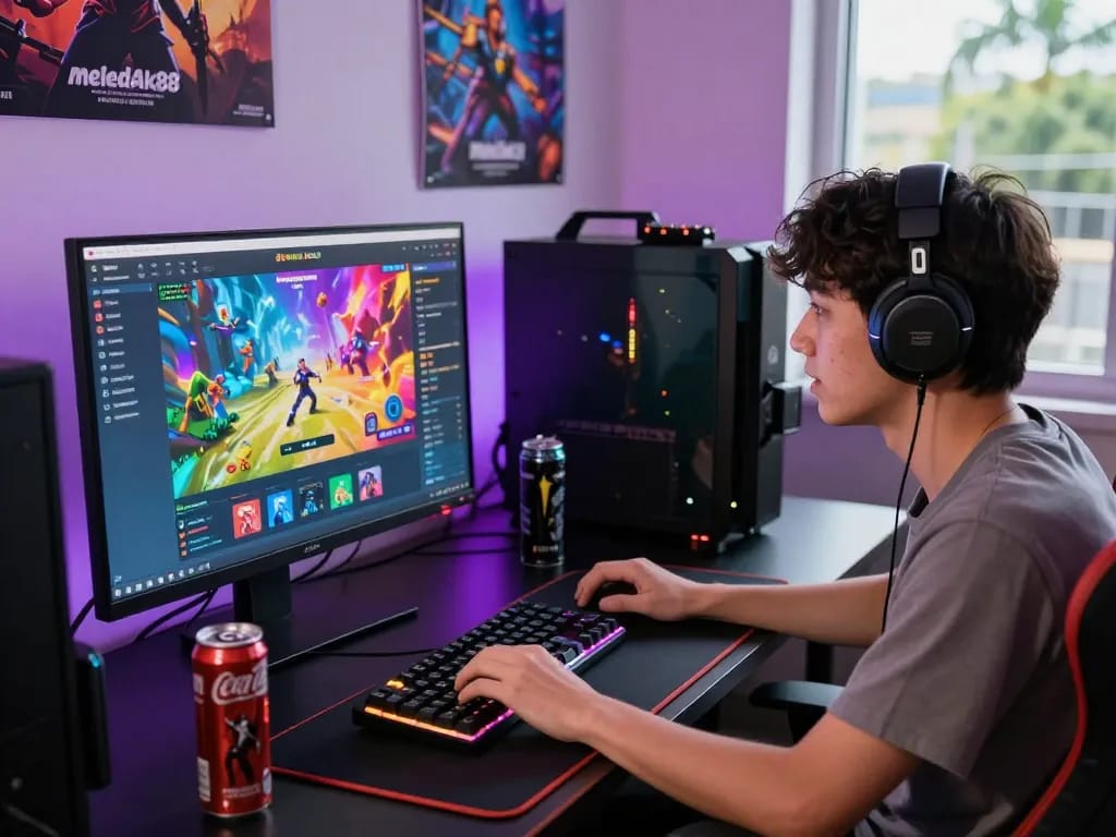 Engaged player enjoying the meledak88 gaming platform at a colorful gaming setup.