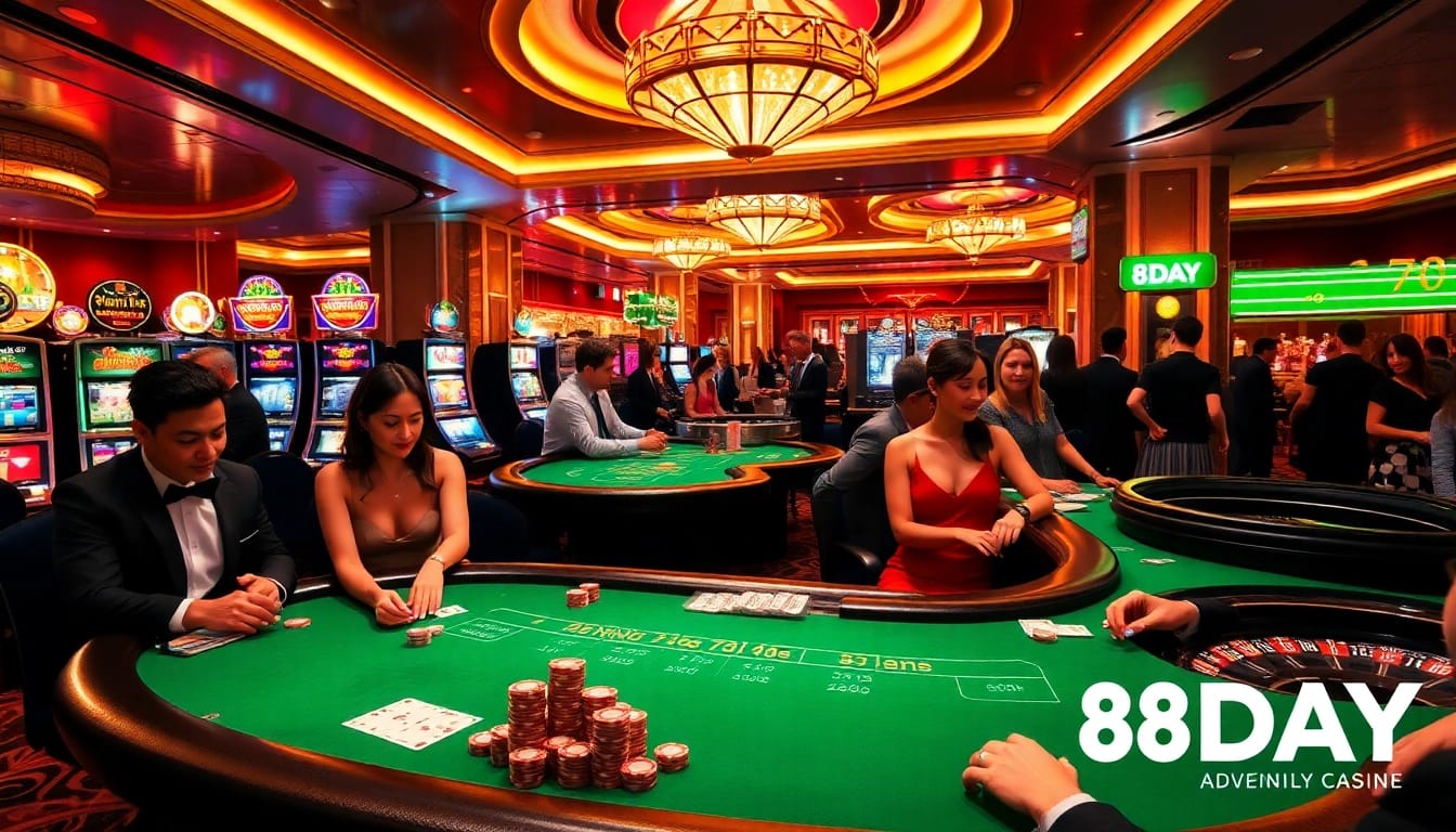 Experience the thrill of 8DAY with vibrant casino visuals showcasing poker tables and slot machines.