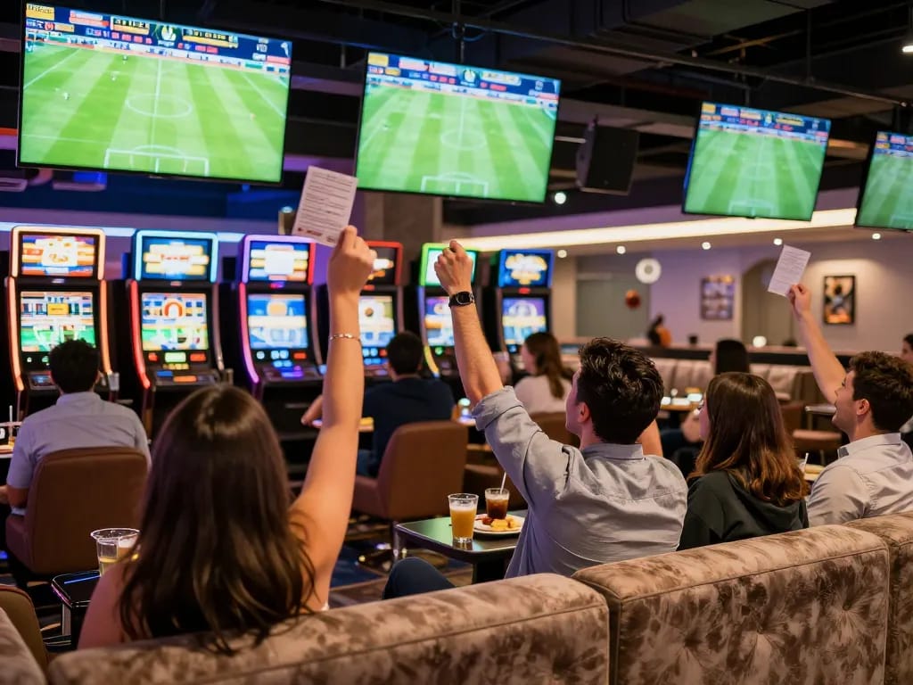 Sports fans placing bets at a thrilling nddo sports betting lounge, celebrating live match excitement.