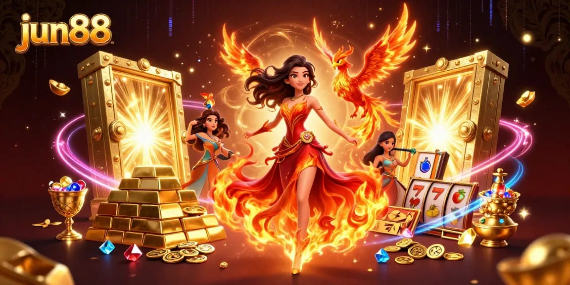 Experience the excitement of jun88's slot games with dazzling treasures and a stunning fiery phoenix.