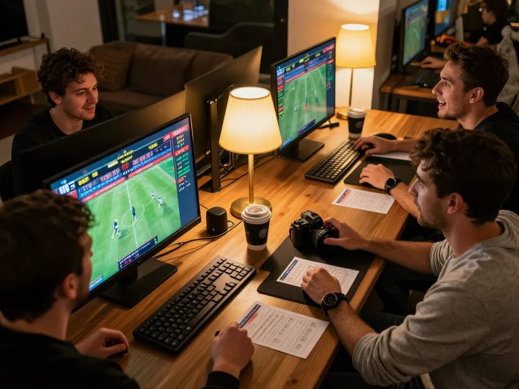Exciting moment of sports betting on MPOSPORT with live odds displayed on multiple screens