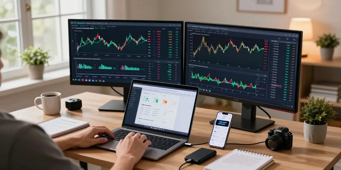 Playexch247 cryptocurrency trading setup featuring real-time Bitcoin and Ethereum charts and hardware wallet for secure transactions