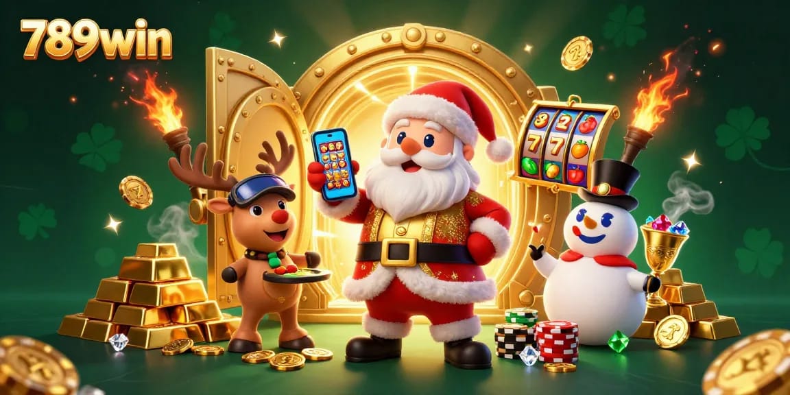 Experience the excitement of 789win with Santa and friends enjoying jackpot slots in a vibrant casino.