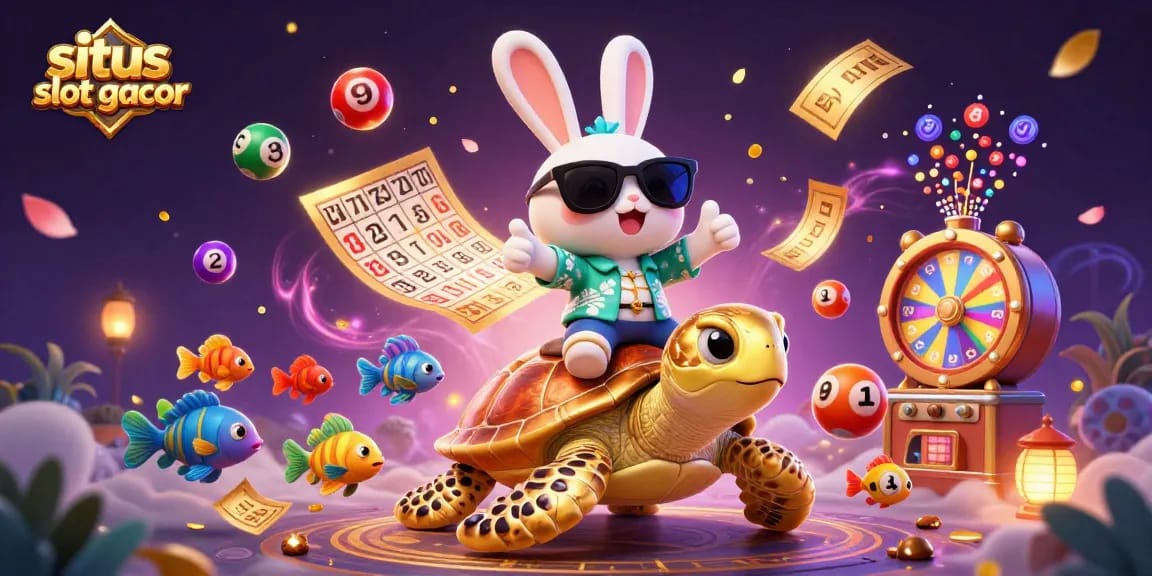 Experience winning excitement at situs slot gacor with a vibrant 3D rabbit and turtle scene.