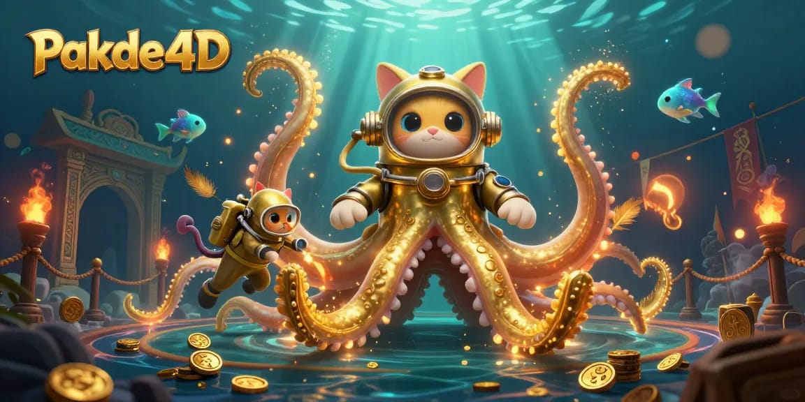 Pakde4D showcases a colossal kraken and diving cat in an underwater treasure scene filled with coins and excitement.
