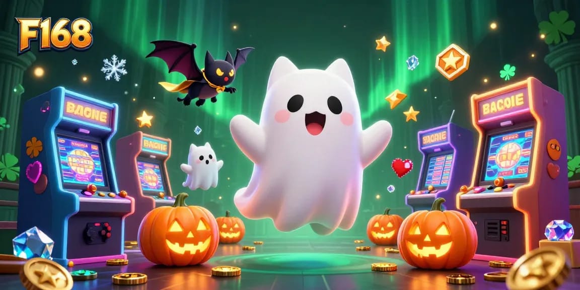 Experience exciting wins at F168 with a ghost cat and vampire bat in a haunted casino.