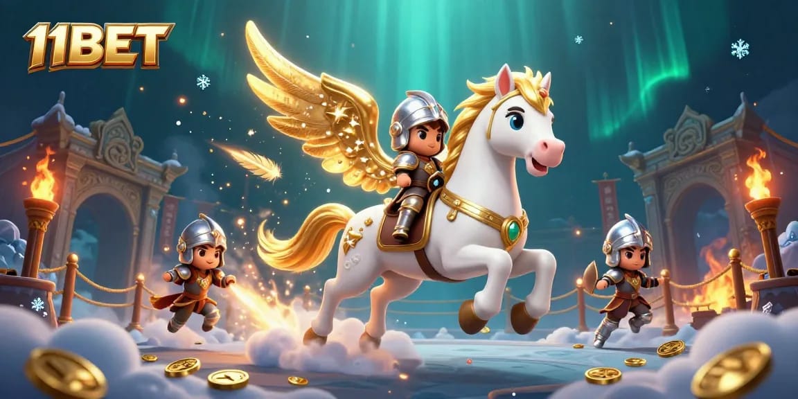 11BET’s exciting gaming atmosphere features a celestial horse and knight, surrounded by dynamic gaming elements.
