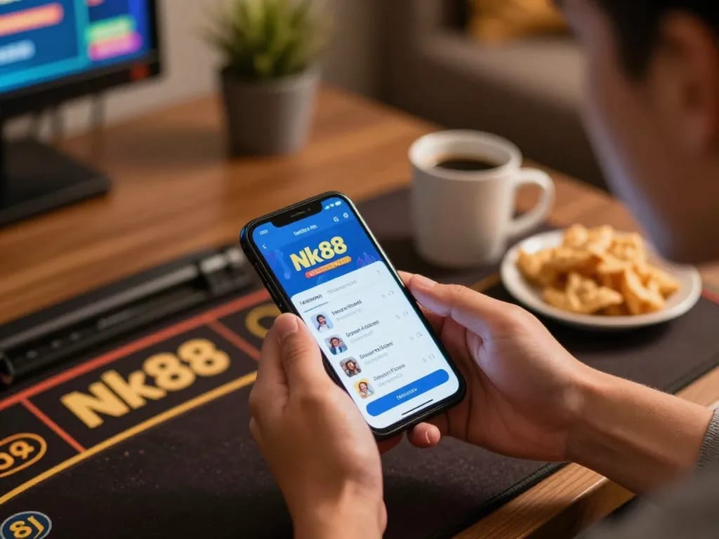 Engaging mobile casino gameplay featuring Nk88 link on smartphone with vibrant background.
