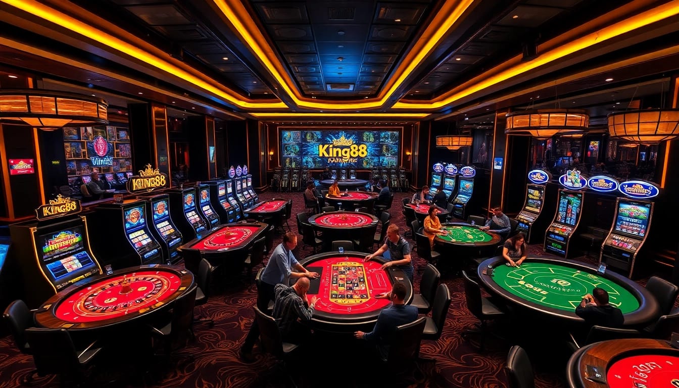 Engaging scene with players enjoying games at King88's luxurious casino tables.