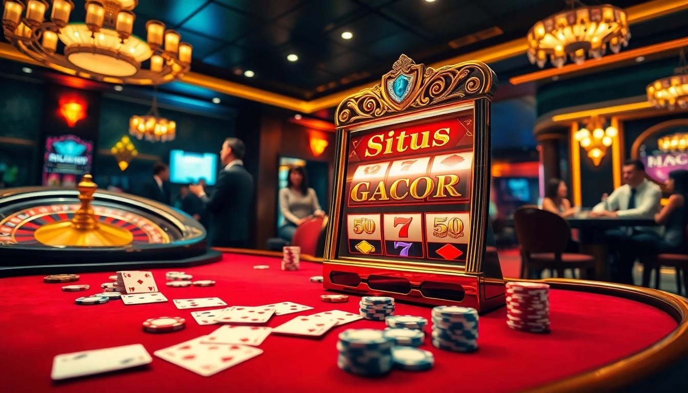 Situs Gacor slot machine amidst a vibrant casino scene with poker chips and warm lighting.