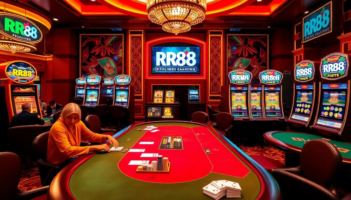 Players enjoying the thrilling experience of RR88 online casino gaming with vibrant tables and slot machines.