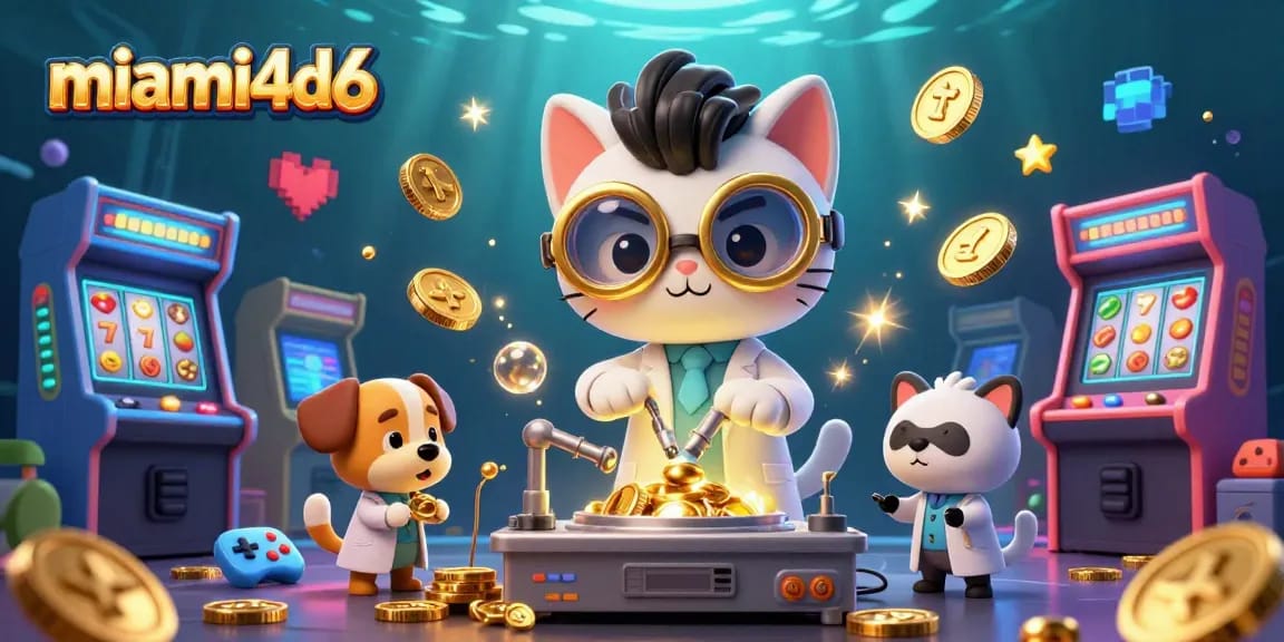 Experience the excitement of miami4d6 as a mad scientist cat creates a winning coin machine amidst vibrant casino elements.