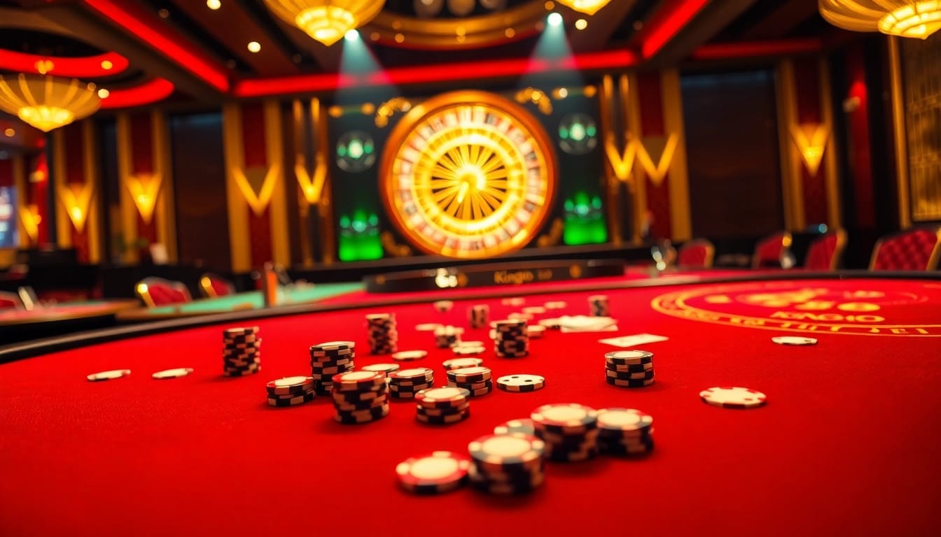 Players enjoying vibrant king88 gaming tables with cards and chips in an elegant casino setting.