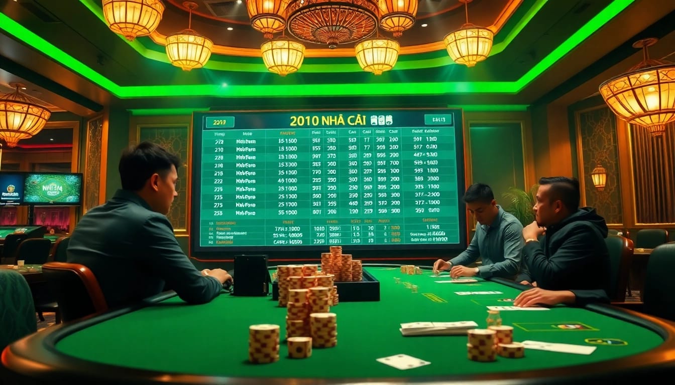 Engaging gamblers analyzing kèo nhà cái odds in a luxurious casino setting filled with vibrant betting elements.