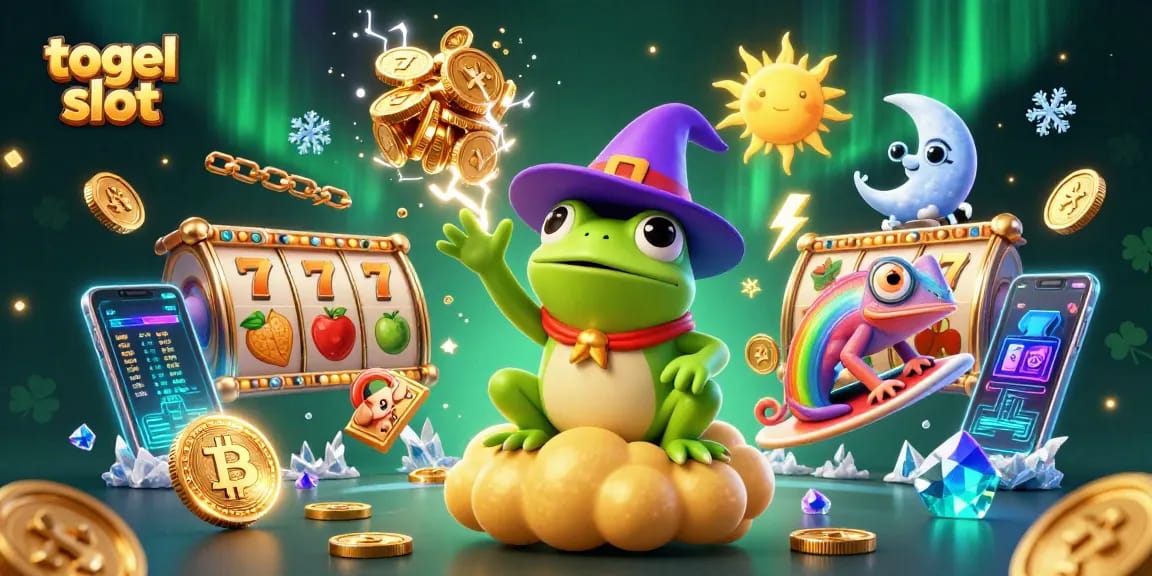 Experience the thrill of the togel slot with a magical scene of a wizard frog amidst a storm of coins.