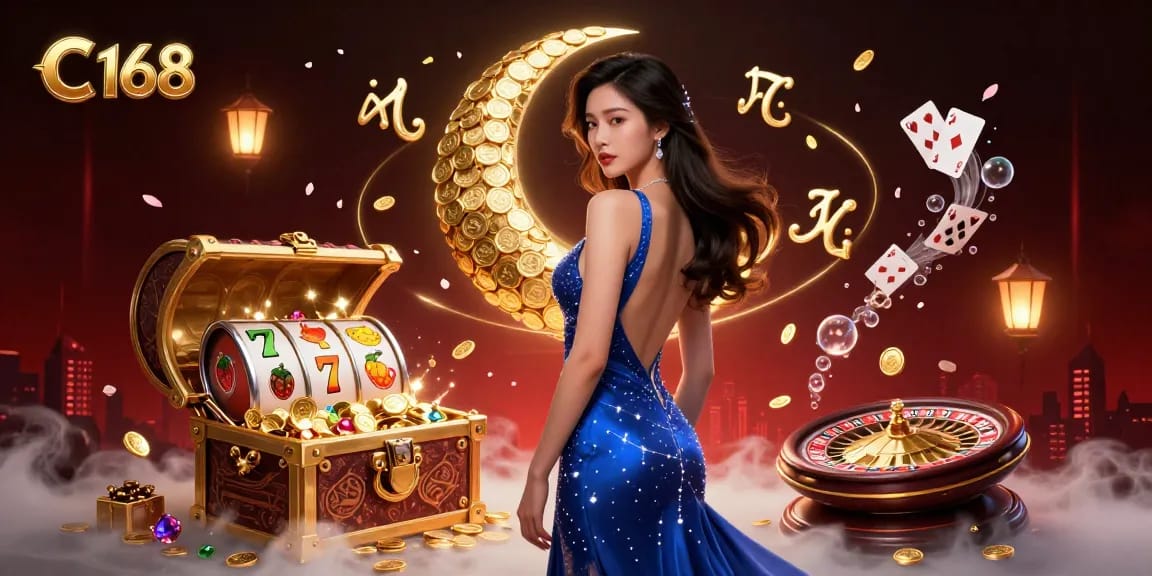 Spin and win at C 168 with vibrant slot reels, floating cards, and treasure elements in a dynamic casino scene.