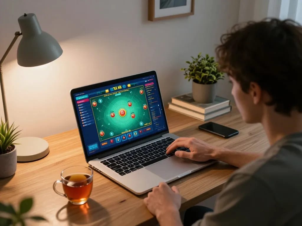 Engaging in Tài xỉu online gaming from a cozy home setup, focusing on strategy and enjoyment.