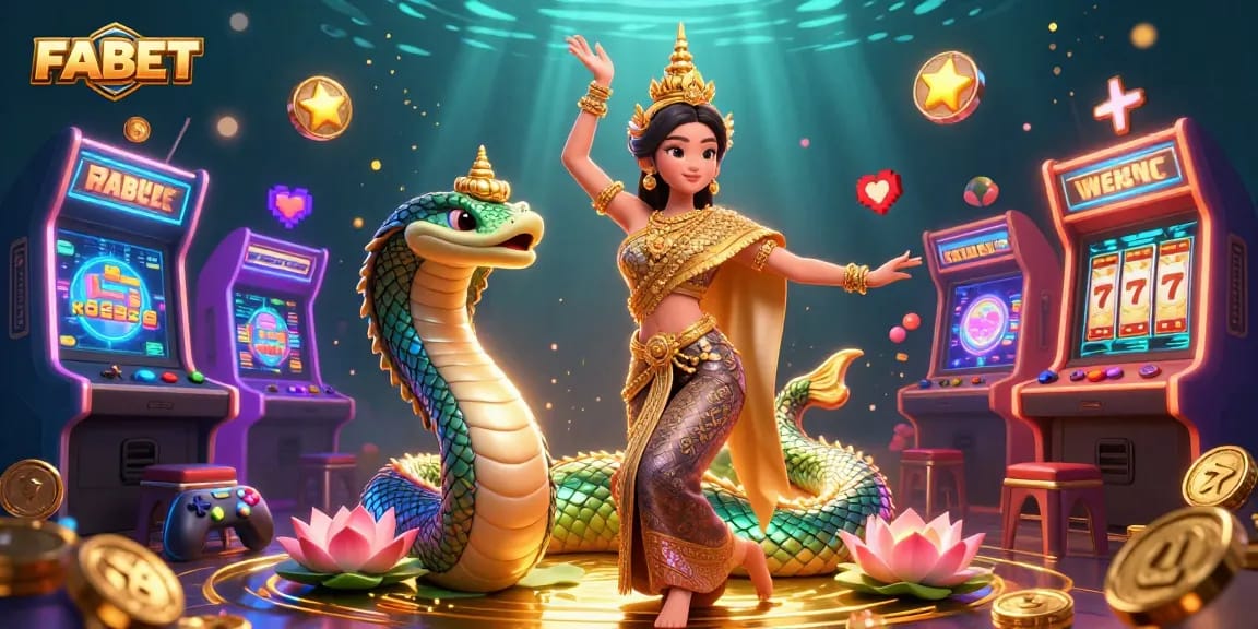 Experience FABET's vibrant gaming world with stunning scenes of Thai culture intertwined with casino excitement.